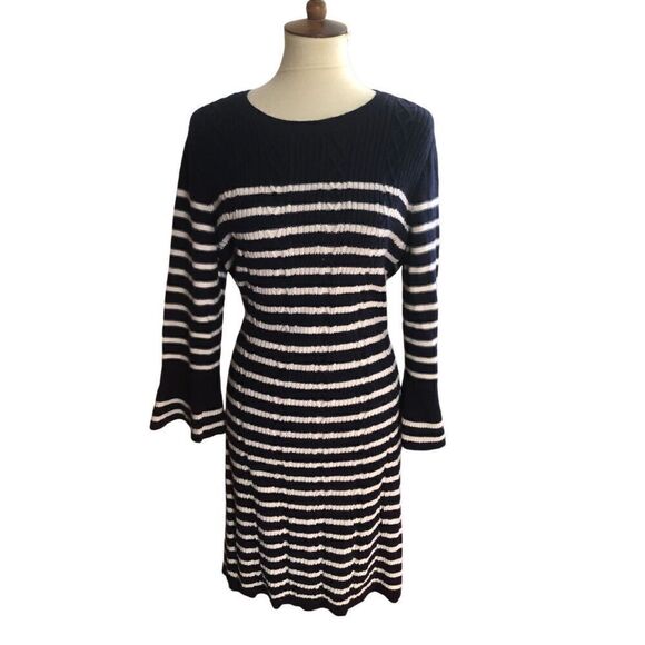 Talbots Navy Blue Ivory Cable Knit Wool Blend Sweater Dress Petite / XL Bell Sle - Picture 4 of 14